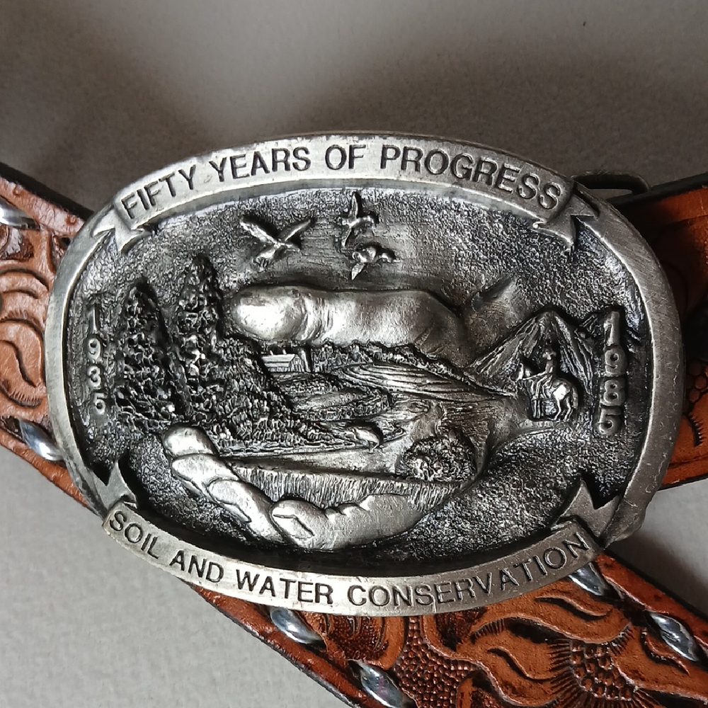 Elaborate Ltd Ed SOIL & WATER Conservation Buckle w TOOLED Belt